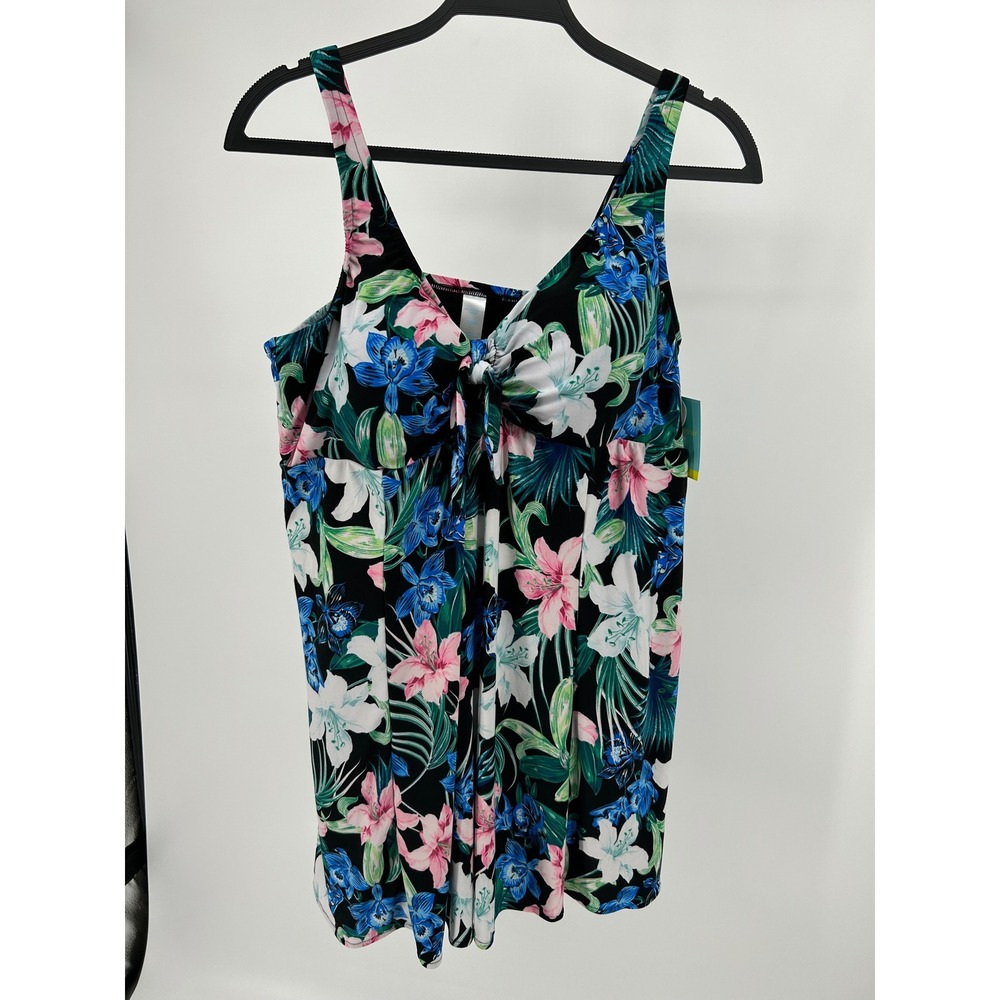 Bel Harbour Swimdress Women 20W Black Floral NWT Tummy Control Tropical Bow